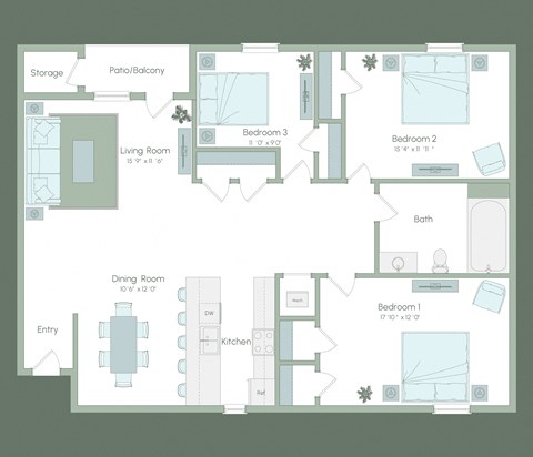 Floor plan for 3 beds, 1 bath, 1013 sqft